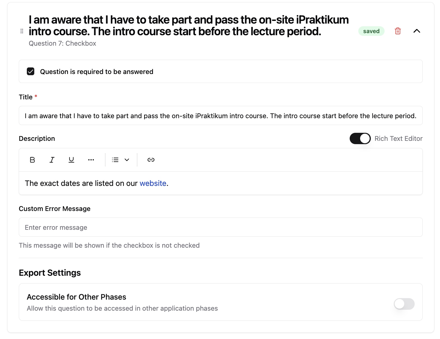 Checkbox Question Configuration